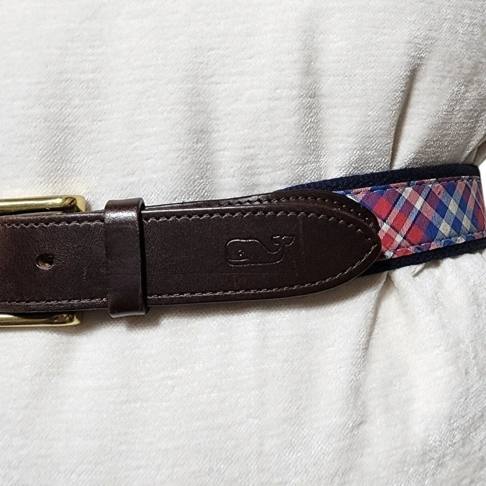Vineyard Vines Belt Mens 32 Multicolor Plaid Canvas Leather Trim USA‎ Preppy